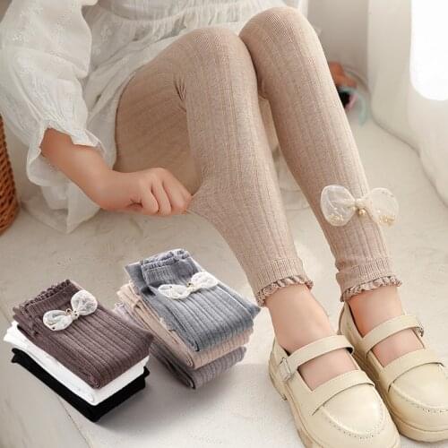 Spring and summer Thin Girls Big Bow Knot Wooden Ear pearl vertical striped nine-point pants childrens cotton long pants