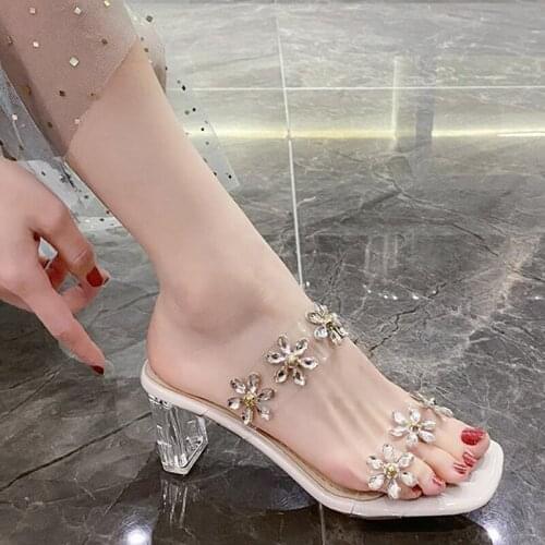 Womens Sweet Flowers Crystal High Heels Slippers Ladies Square Toe Transparent PVC Jelly Shoes Female Sexy Party Slides Shoes