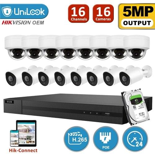 UniLook 16CH NVR 16Pcs 5MP Dome Bullet Mixed POE IP Camera NVR Kit Outdoor Security System IR NVR Kit P2P View Onvif H.265