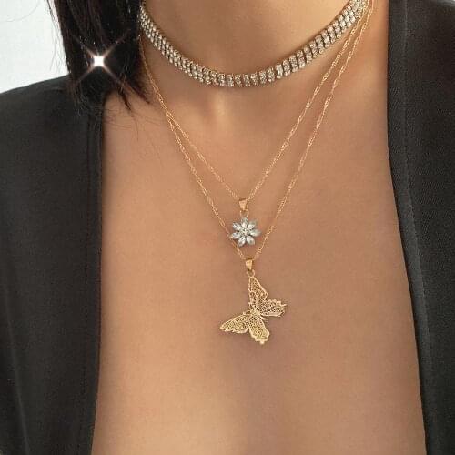 2020 New Hollow Cute Animal Butterfly Clavicle Chain Jewelry for Women Rhinestones Pendants Necklaces Gold Color Charms Bijoux