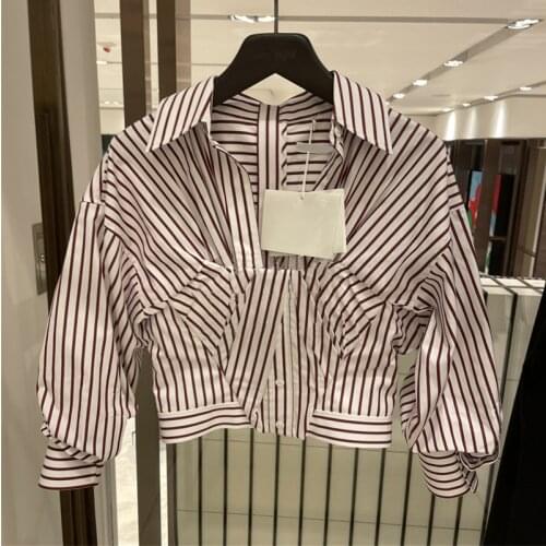 2021 spring and summer womens striped shirt patchwork fashion cotton half-sleeved American luxury brand casual short shirt