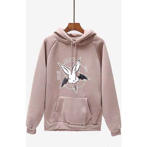 Winter Fleece Coat Fashion Bat Print Harajuku Lace Up Hooded Women Hoody Oversize Pocket Velvet Sweatshirt Pink Pullover Female