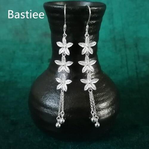 Bastiee Elegant 999 Sterling Silver Earrings For Women Long Tassel Flowers Earing Hmong Handmade Luxury Jewery Ethinc Romantic