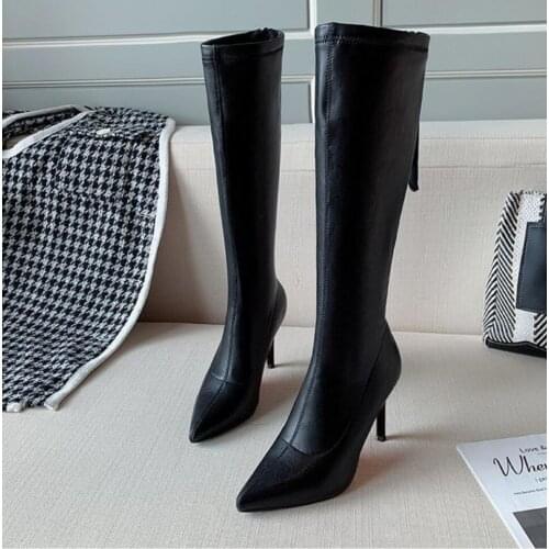 Woman Boots Stiletto Heels Heel Knee-High Classic Pointed Boots PU Leather Zip Boots Autumn Winter Sexy Party Dress Dance Shoes