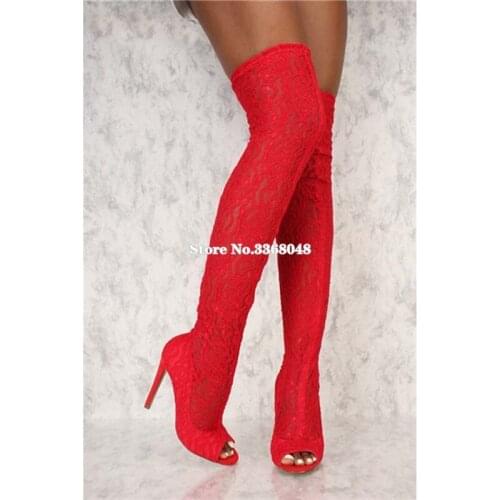 2019 Fashion Floral Lace Over The Knee Women Boots Sexy Peep Toe Stiletto High Heels Woman Catwalk Boots Slip On Summer Shoes