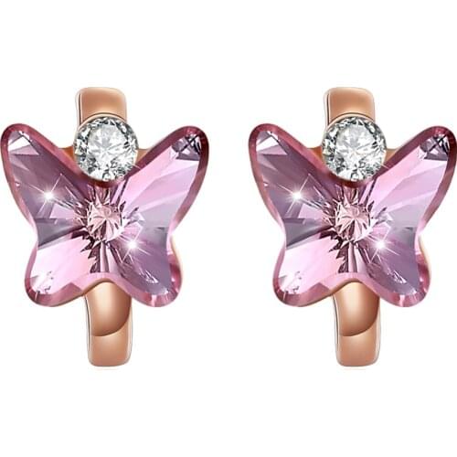 Women 925 Sterling Silver CZ Hoop Earrings Pink Blue Crystals from Swarovski Butterfly Earrings for Lady Love Gift Party Jewelry