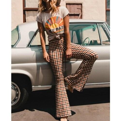 Women Vintage High Waist Bell Bottom Plaid Long Flare Pants Female All-Match Green Stretch Bell-Bottom Boho Hippie Girls Pants