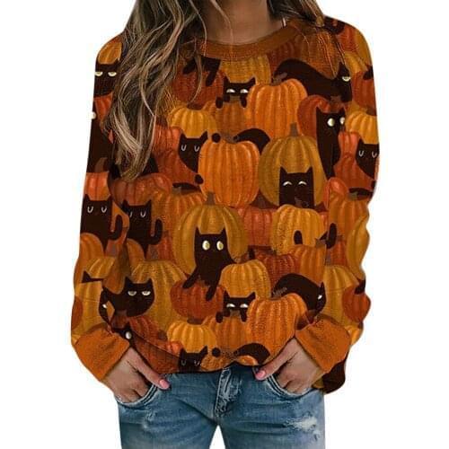 Elegant Halloween Print Oversized Pullovers Women Winter O-Neck Loose Long Sweaters Sweatshirt Casual Blouse Pullover Outerwear