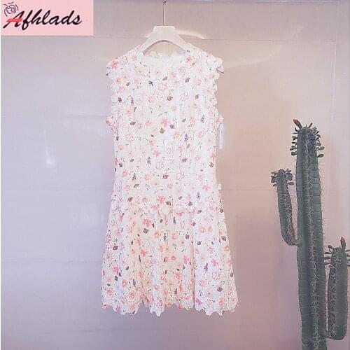 Summer New Luxury Floral High Quality Dress Printed A-Line Sleeveless Vest Fashion Round Neck Women Mini Party Vestidos Dress