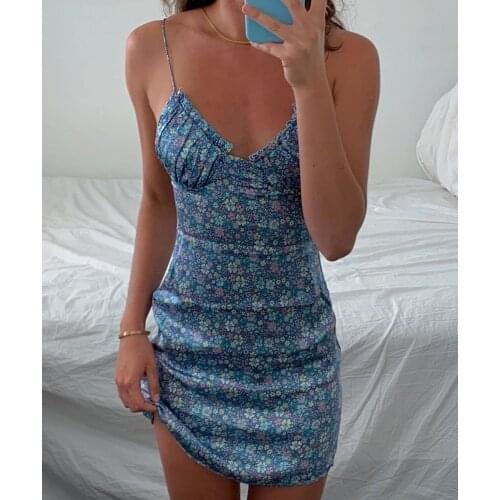 Sexy Women Floral Print V Neck Mini Dress Summer Sleeveless Female Fashion Backless Party Clubwear Sling Sundress 2021 New