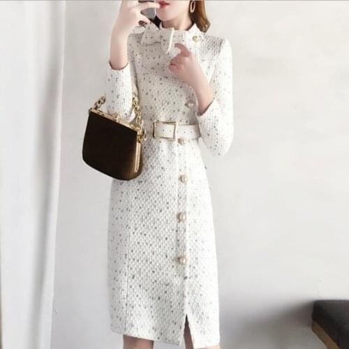 2021 Fall and Winter Women Long Sleeve Tweed Dress French Victorian Waist Slimming Woolen Solid Color New Female Chic Vestidos