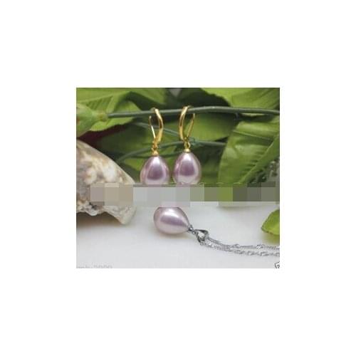 .367 A Set Genuine 12x16mm Purple South Sea Shell Pearl Drop Earrings Necklace