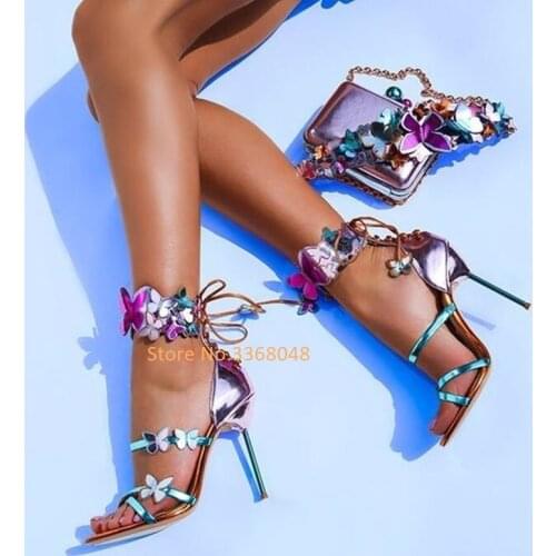 Butterfly Decor Thin High Heel Sandals Open Toe Back Tie-Up Cover Heel Shoes Stiletto High Heel Runway Fashon Shoes Colorful