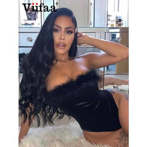 Viifaa Black Strapless Faux Fur Detail Skinny Velvet Bodysuit Autumn Winter Women Off Shoulder Fitted Party Bodysuits