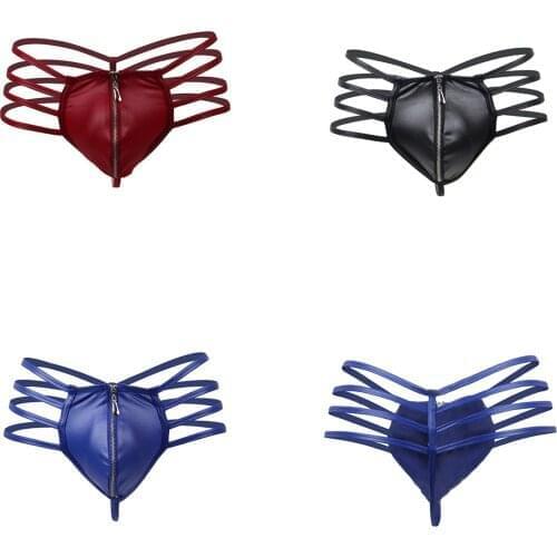 Breathable Seamless Mens Thong G-String Faux Leather Zipper Bulge Pouch Low Waist Strappy T-Back Hollow Out Underwear Undie New