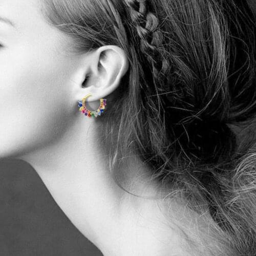 E Authentic 925 Sterling Silver Color Small Circle Hoop Earrings for Women 14K Gold Plated Rainbow Cubic Zirconia INS Jewelry