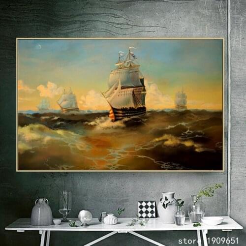 Cotton no frame classical waves sea ship scenery canvas printings oil painting printed on cotton wall art decoration picture