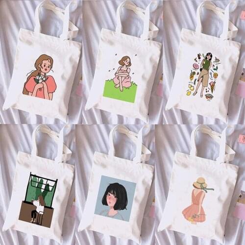 Cute Girls Printed Canvas Reusable Shopping Bags Women Large Tote Bags 2021 Fashion Handbags Young Girls Shopping Tote Book Bags