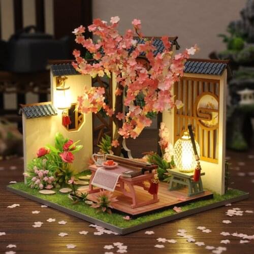 DIY Miniatures Wooden Doll House Kits Casa Furniture Japanese Loft Cherry Blossom Villa Dollhouse Assembled Toys for Adults Gift