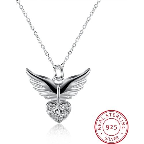 2019 New 925 Sterling Silver Necklace Heart & Angel Wings Pendant Necklace Simple Chain Fashion Necklace Jewelry