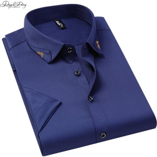 2021 New Men Shirt Summer Short Sleeve No-Iron Dress Solid Color Turn-Down Collar With Emboridery Regular Fit DA458