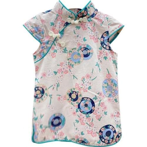2021 New Summer Kids Dress Flower Print Tang Suit Clothes Attractive Retro Children Girls Cheongsam Costume for Festival