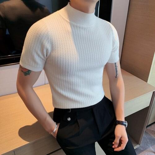 New mens spring autumn high-end brand pure color slim high-neck short-sleeved golf knitted sweater Polo T shirt bottoming shirt