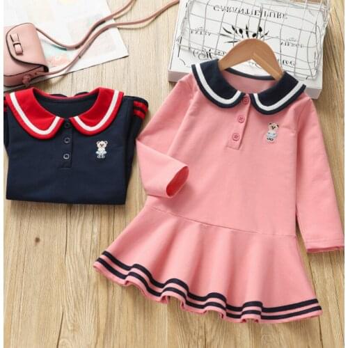 New Baby Girls Dress Cute Bear Embroidery Lapel dresses For Spring Autumn Princess Kids College Tennis Dress Children Clothing