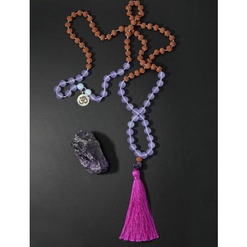 OAIITE Amethyst & Rudraksha Mala Necklace 108 Beads Handmade Knot Yoga Meditation Necklaces with OM Symbol