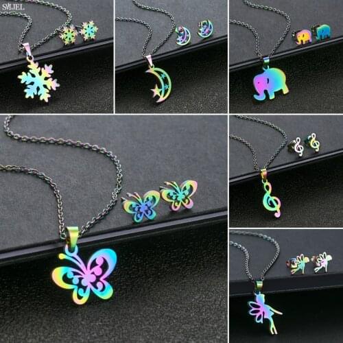 Stainless Steel Butterfly Necklaces Rainbow Colorful Jewelry Sets Fashion Little Fairy Angel Snowflake Earrings Christmas Gifts