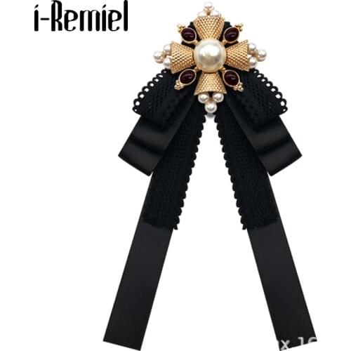 Retro Fabric Pearl Bow Brooches for Women Lace Cross Bow Tie Necktie Shirt Collor Pins Corsage Jewelry Clothing Accessories