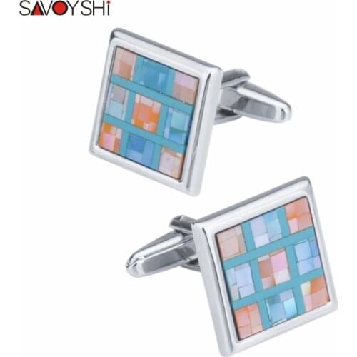 SAVOYSHI Luxury Colored shells Grid Cufflinks for Mens Shirt Cuff button High Quality Brand Square Cuff link Groom Gift Jewelry