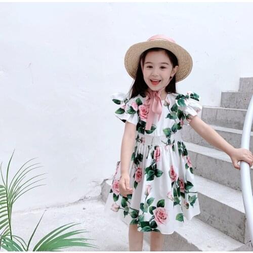 Pink Flower Children Spring Summer Floral Baby Girls Dresses Trendy Bloom Costume Ruffle Princess Birthday Party High Quality