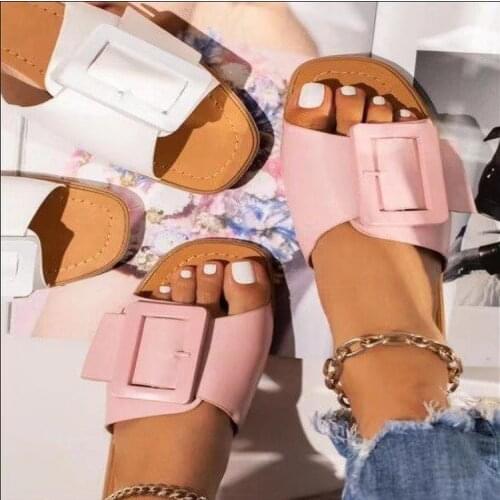 Casual Flats Womens Sandals PU Fashion Ladies Buckle Slides Beach Shoes Comfortable Platform Outdoor Slip on Round Toe Slippers