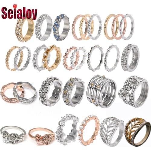 SEIALOY Fashion Stackable Rings For Women Original Love Crystal Daisy Leaf Bow Shaped Engagement Wedding Ring Jewelry
