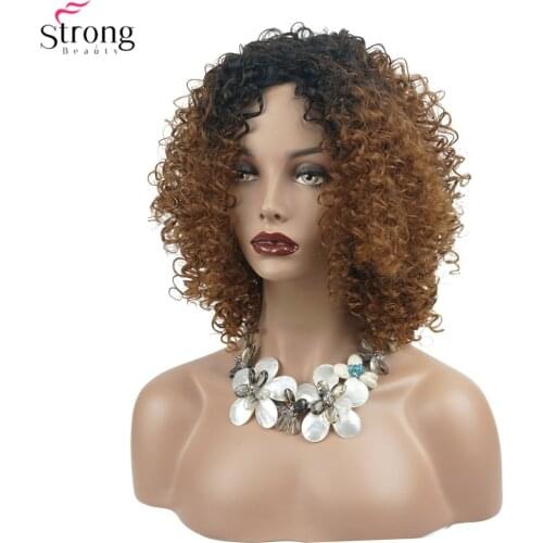Synthetic Wig Light brown Ombre Afro Kinky Curly Wigs Medium Womens Hairpiece Natural Hair StrongBeauty