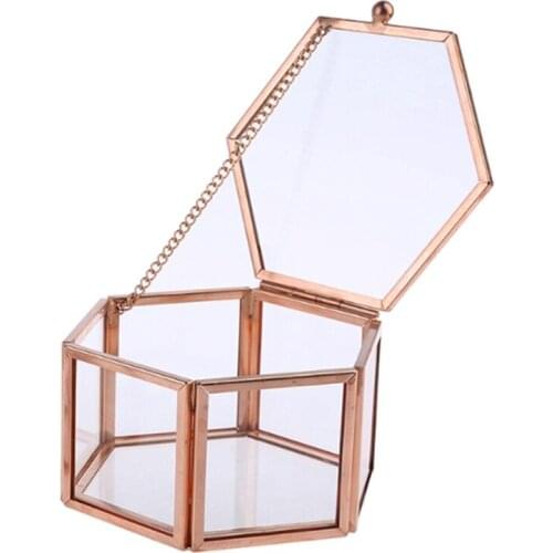 Glass jewelry box storage case Hexagon Transparent Rose Gold Geometric Organizer Holder jewellery