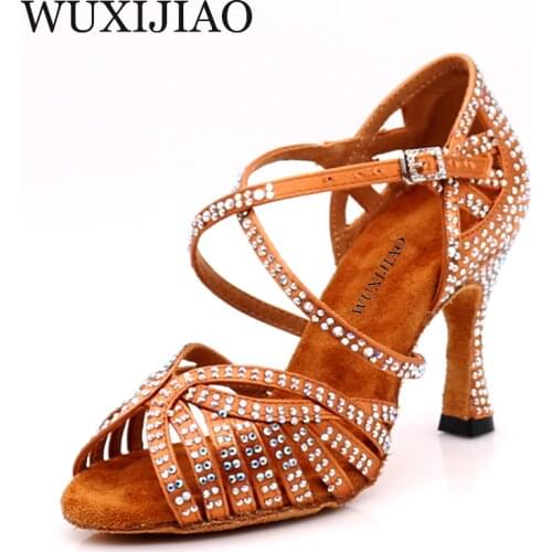 WUXIJIAO Dance Jazz Shoes Latin Dance Shoes For Women Salsa Latin Shoes Girls Ballroom Latin Shoes Black Bronze Skin Curban Heel