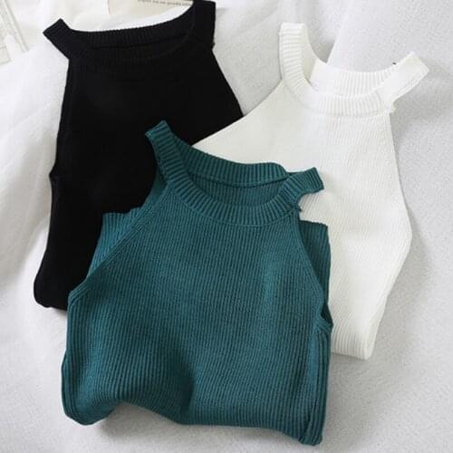 WWENN Halter Tops Women Crop Tops Off Shoulder Sexy Knitted Tank Tops Female O-Neck Sleeveless Solid Casual Crop Tops For Women