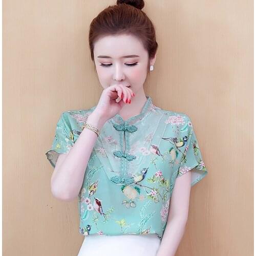 Vintage Print Chiffon Womens Shirts Summer Chinese Style Stand Collar Retro Buckle Blouses 2021 Ladies Elegant Cheongsam Top