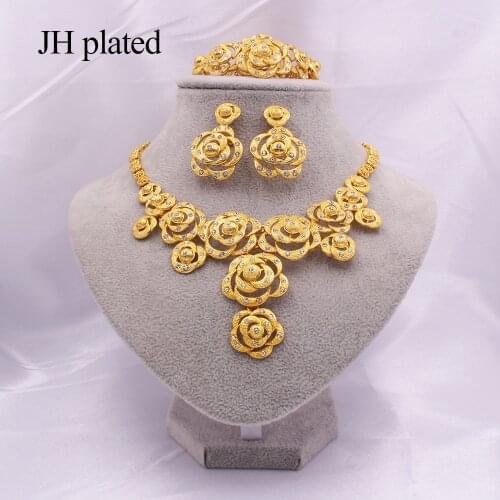 Dubai 24K Gold Flower jewelry sets African bridal wedding gifts party for women Bracelet Necklace earrings ring set collares