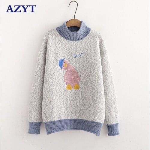 AZYT Autumn Loose Pullover Women Sweater Cute Cartoon Embroidery Knit Jumpers Female 2021 Winter Warm Turtleneck Base Sweater