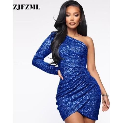 Women Elegant Fashion One-shoulder Bodycon Sequin Dress Autumn Full Sleeve Body-shaping Draped Party Clubwear Sheath Vestodos