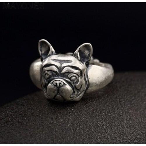 Hot Sale 100% 990 Sterling Silver Loyal Partners French Bulldog Dog Animal Female Ring for Women Fashion Jewelry