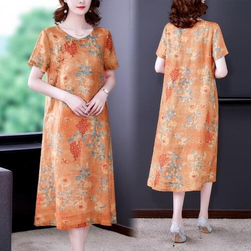 2021 Summer Vintage Ramie Print Casual Dress Elegant Loose Floral Plus Size Beach Midi Dress Women Bodycon Party Runway Vestidos