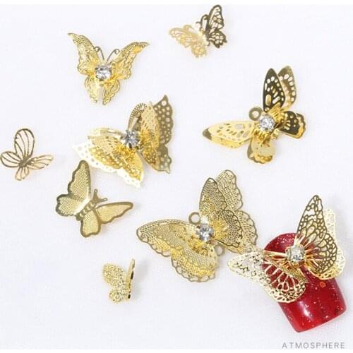 10pcs Gold Butterfly Nail Art Rhinestones Decorations 3D Ultrathin Hollow Butterflies Copper Flakes Metal Manicure Accessories
