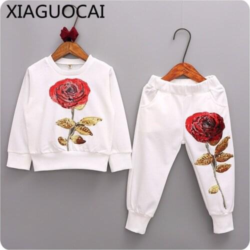 2019 New Kids Sets Long Sleeve T-Shirt+trousers 2Pcs Boys Girls Clothes Rose pattern Pullovers Sportwear Jogging Suits Clothing