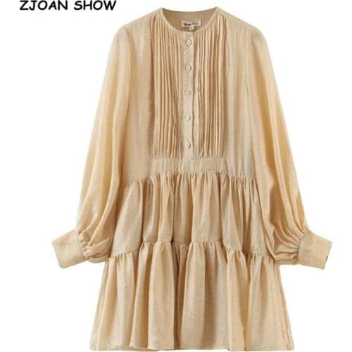 2021 Vintage Open Buttons Round Collar Spliced Pleated Ruched Women Dress Holiday Lantern Sleeve Loose Dresses Beach