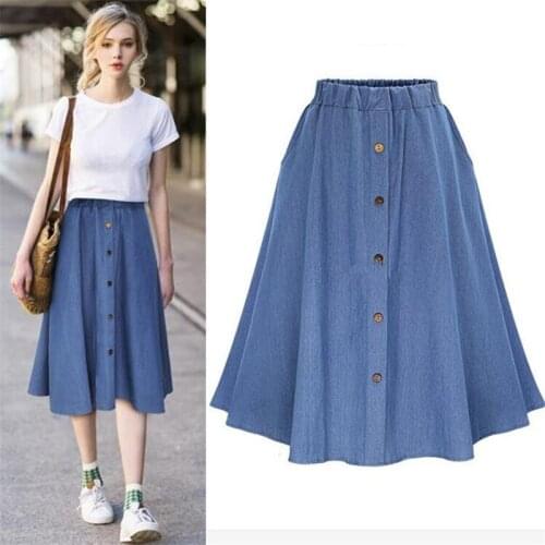 Fall Summer 2020 Thin Single Breast Button Elastic Waist Denim Skirts A-Line Korean Long Jeans Skirt Summer Sexy Skirt Women