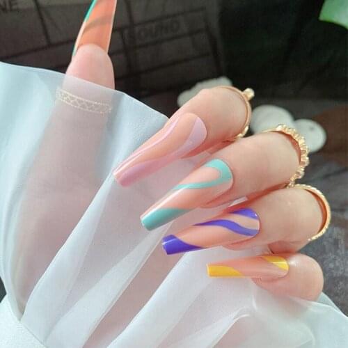 24pcs/Set Nude Pink Coffin False Nails Extra Long Geometric Colorful Stripe Acrylic Nail Art Tips with Glue Ballerina Full Tips